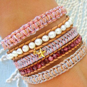 Beaded Wrap Bracelet With Freshwater Pearls Macrame and Gold Button Clasp Shades of Pastel image 4