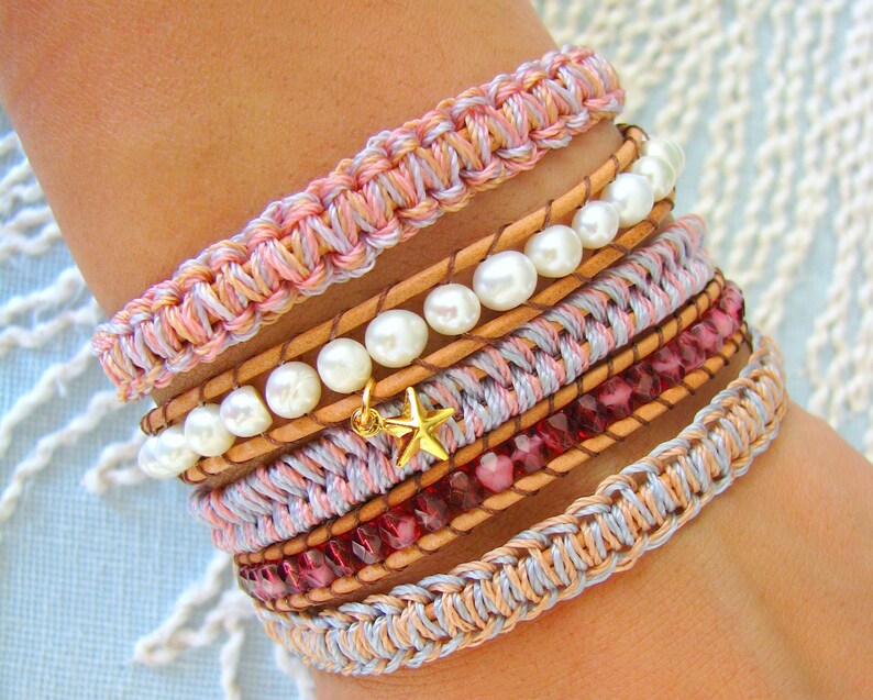 Beaded Wrap Bracelet With Freshwater Pearls Macrame and Gold Button Clasp Shades of Pastel image 4
