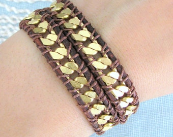 Chain Wrap Bracelet on Red Brown Leather Gold Chain with a Button Clasp