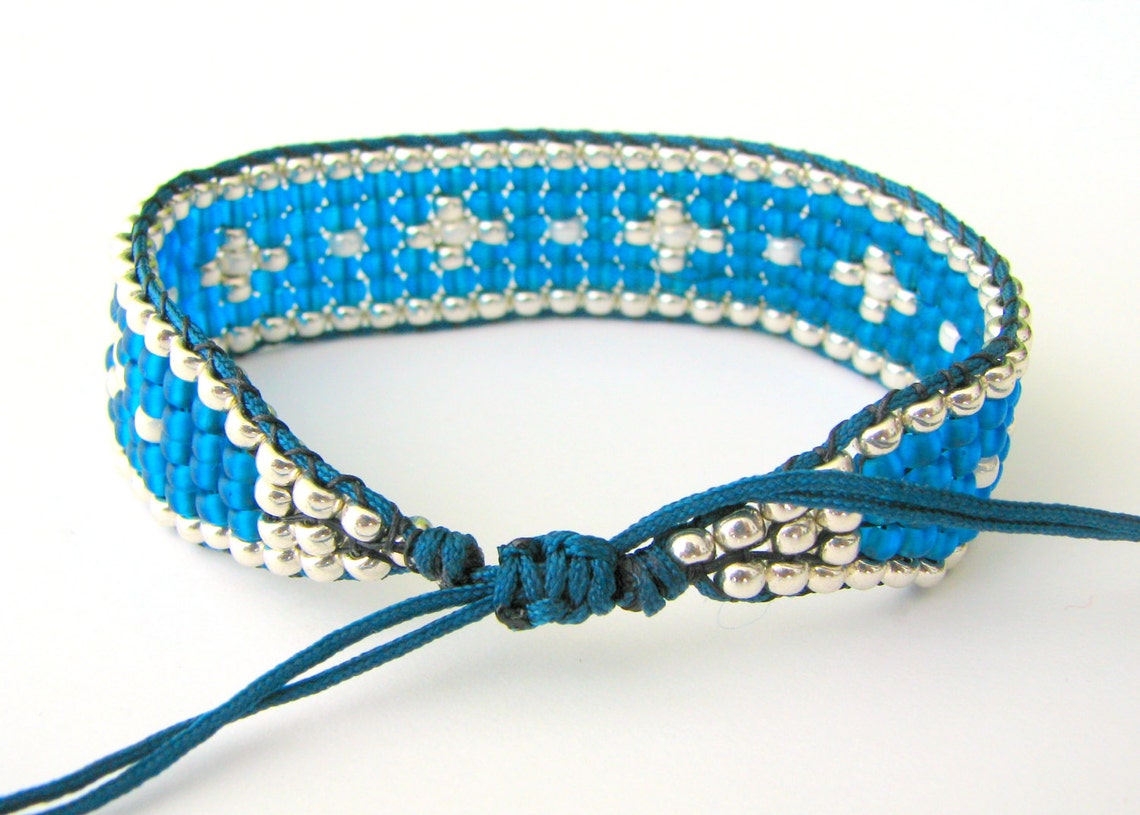 Woven Beaded Bracelet Blue Silver and Ivory Beaded Bracelet Etsy