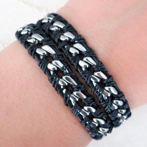 Chain Wrap Bracelet with Black Leather, a Button Clasp and Stainless Steel Chain image 4