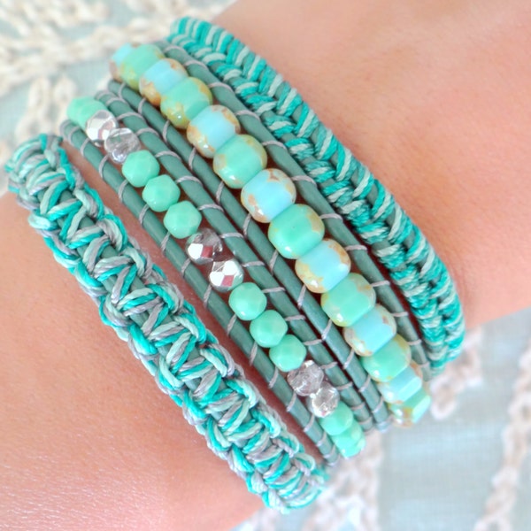 Beaded Wrap Bracelet With Dark Turquoise Leather and a Button Clasp - Shades of Teal