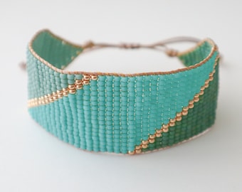 Green and Gold Beaded Cuff Bracelet