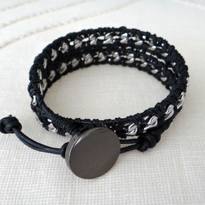 Chain Wrap Bracelet with Black Leather, a Button Clasp and Stainless Steel Chain image 3