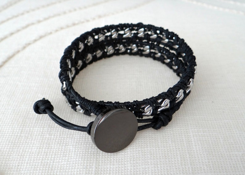 Chain Wrap Bracelet with Black Leather, a Button Clasp and Stainless Steel Chain image 3