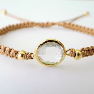 Macrame Bracelet with Crystal Glass Faceted Connector with Gold Beads and Latte Thread image 4