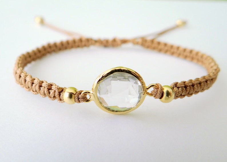 Macrame Bracelet with Crystal Glass Faceted Connector with Gold Beads and Latte Thread image 4