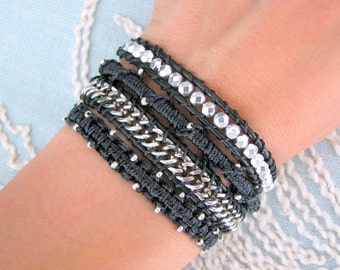 Beaded Wrap Bracelet with Silver Chain and Macrame in Silver and Black