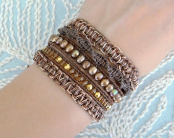 Beaded Leather Wrap Bracelet With Freshwater Pearls and Gold Button Clasp - Shades of Brown