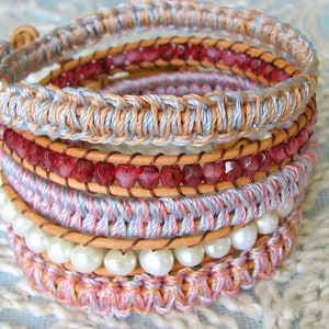 Beaded Wrap Bracelet With Freshwater Pearls Macrame and Gold Button Clasp Shades of Pastel image 2