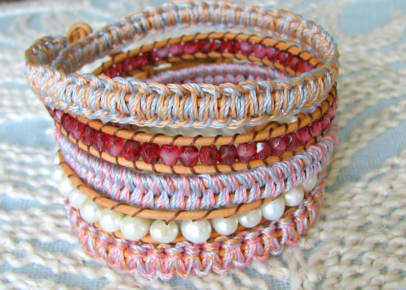 Beaded Wrap Bracelet With Freshwater Pearls Macrame and Gold Button Clasp Shades of Pastel image 2