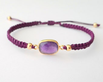 Macrame Bracelet with Amethyst Connector with Gold Beads