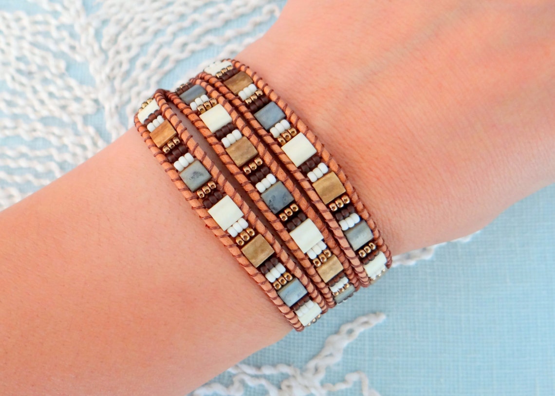 Leather Wrap Bracelet With Tila Beads - Etsy