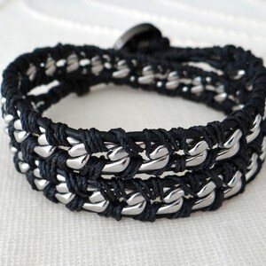 Chain Wrap Bracelet with Black Leather, a Button Clasp and Stainless Steel Chain image 2