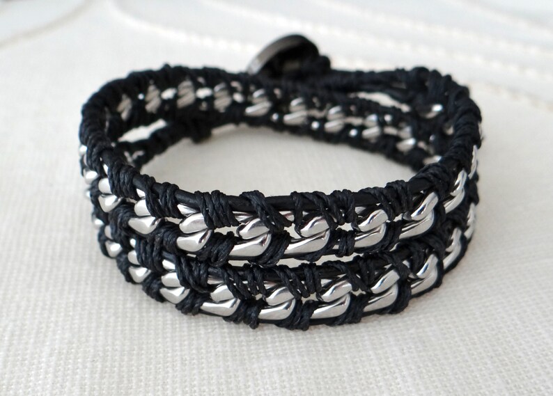 Chain Wrap Bracelet with Black Leather, a Button Clasp and Stainless Steel Chain image 2