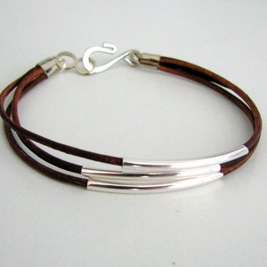 Thin Brown Leather Bracelet with Silver Tubes image 2