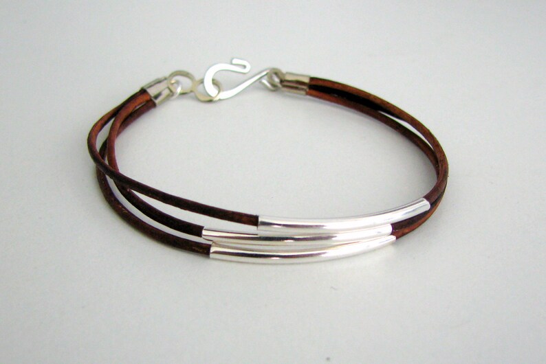 Thin Brown Leather Bracelet with Silver Tubes image 2