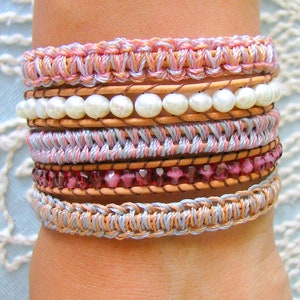 Beaded Wrap Bracelet With Freshwater Pearls Macrame and Gold Button Clasp Shades of Pastel image 1