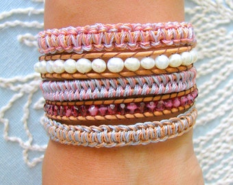 Beaded  Wrap Bracelet With Freshwater Pearls Macrame and Gold Button Clasp - Shades of Pastel