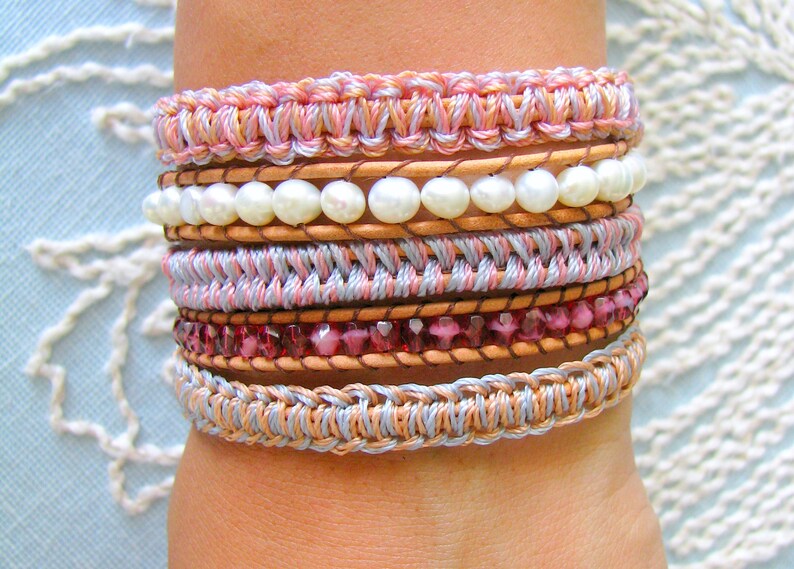 Beaded Wrap Bracelet With Freshwater Pearls Macrame and Gold Button Clasp Shades of Pastel image 1