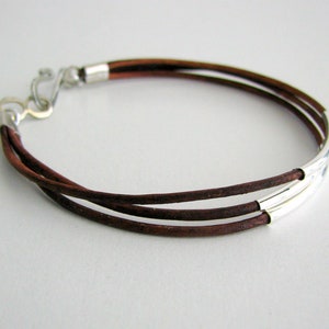 Thin Brown Leather Bracelet with Silver Tubes image 1