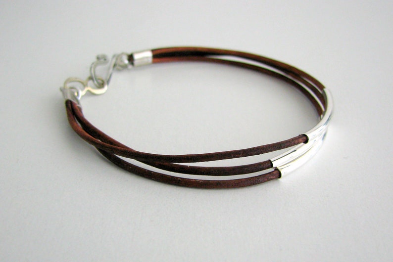 Thin Brown Leather Bracelet with Silver Tubes image 1