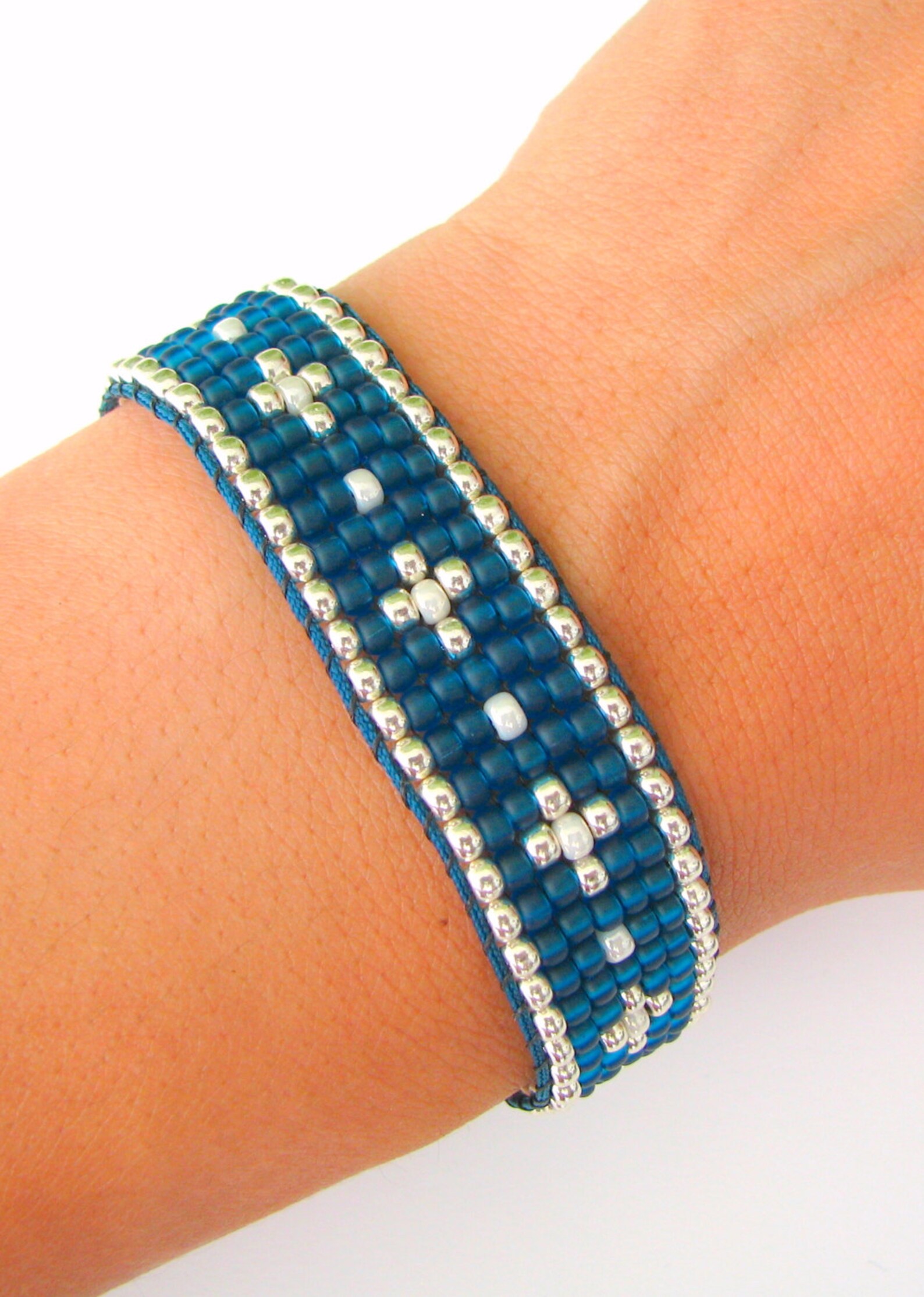 Woven Beaded Bracelet Blue Silver and Ivory Beaded Bracelet Etsy