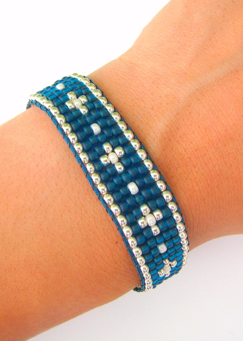 Woven Beaded Bracelet Blue Silver and Ivory Beaded Bracelet Etsy