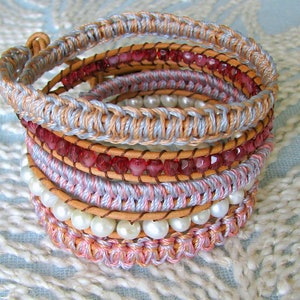 Beaded Wrap Bracelet With Freshwater Pearls Macrame and Gold Button Clasp Shades of Pastel image 5