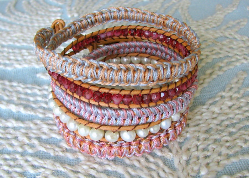 Beaded Wrap Bracelet With Freshwater Pearls Macrame and Gold Button Clasp Shades of Pastel image 5