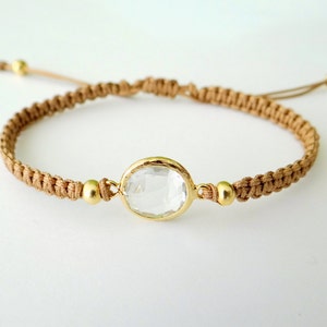 Macrame Bracelet with Crystal Glass Faceted Connector with Gold Beads and Latte Thread image 1