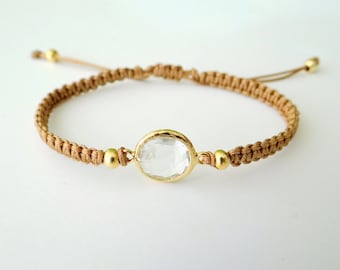 Macrame Bracelet with Crystal Glass Faceted Connector with Gold Beads and Latte Thread