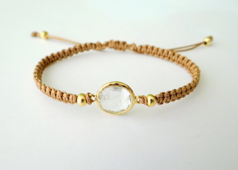 Macrame Bracelet with Crystal Glass Faceted Connector with Gold Beads and Latte Thread image 1