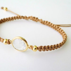 Macrame Bracelet with Crystal Glass Faceted Connector with Gold Beads and Latte Thread image 2