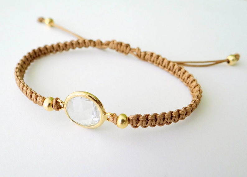 Macrame Bracelet with Crystal Glass Faceted Connector with Gold Beads and Latte Thread image 2