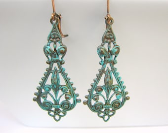Copper Patina Chandelier Earrings - Turquoise Patina on Copper Filigree Earrings