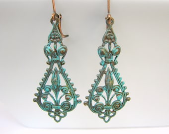 Copper Filigree Earrings: Turquoise Patina Dangle Earrings