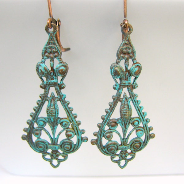 Copper Patina Chandelier Earrings - Turquoise Patina on Copper Filigree Earrings