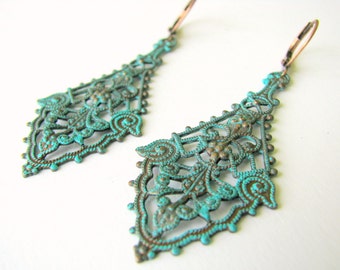 Copper Patina Chandelier Earrings - Turquoise Patina on Copper Filigree Earrings