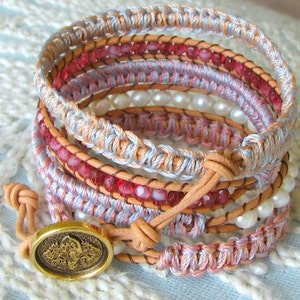 Beaded Wrap Bracelet With Freshwater Pearls Macrame and Gold Button Clasp Shades of Pastel image 3