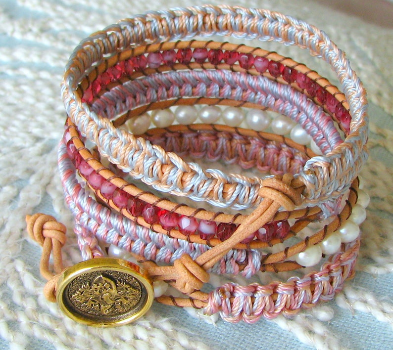 Beaded Wrap Bracelet With Freshwater Pearls Macrame and Gold Button Clasp Shades of Pastel image 3