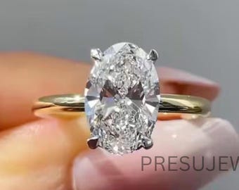 Anello di fidanzamento con moissanite ovale da 3 carati e anello di promessa in oro 14 carati con alone nascosto.