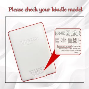 May include: White Kindle e-reader with the Amazon logo embossed on the back. A red arrow points to a label with model information, including "MODEL NO. DP75SD". The text at the top reads "Please check your kindle model".