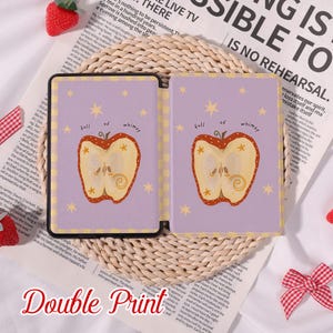 May include: A double-printed case with a light purple background and yellow star details. It features a halved apple illustration and the words "full of whimsy".