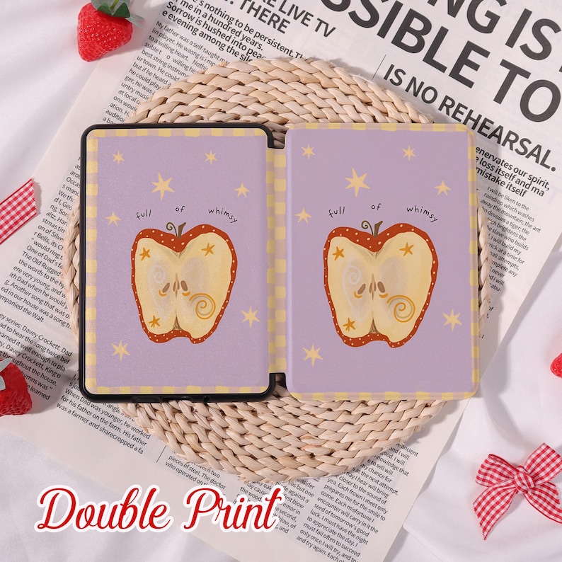 May include: A double-printed case with a light purple background and yellow star details. It features a halved apple illustration and the words "full of whimsy".