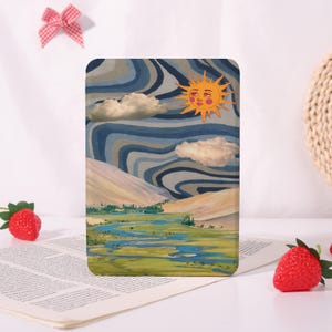 May include: A rectangular phone case featuring a retro landscape design. The artwork includes a smiling sun, clouds, mountains, and a river. The color palette consists of blues, greens, and beige tones. A red bow and strawberries are in the background.