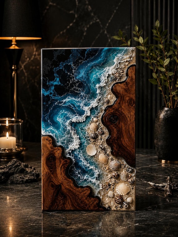 Ocean Resin Wooden Urn Box | Handmade  Memorial Urn | Beach Cremation Ashes Box | Personalized Wooden Urn with Seashells