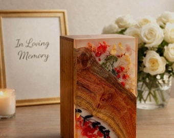Urna de cremación de madera y resina para cenizas humanas / Caja de recuerdo para cenizas conmemorativas / Urna de epoxi con flores secas / Urna funeraria única / Urna personalizada