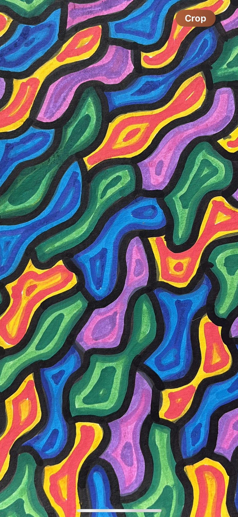 Pode incluir: Obra de arte abstrata com um padr&atilde;o vibrante de formas org&acirc;nicas em tons de azul, verde, amarelo, vermelho e roxo, delineadas em preto. O design colorido cria um efeito visual din&acirc;mico e atraente.