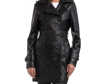 Women Black Genuine Leather Trench Coat Belted Long Slim Fit Elegant Luxury Winter Coat